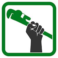 green icon of plumber's hand holding a pipe wrench